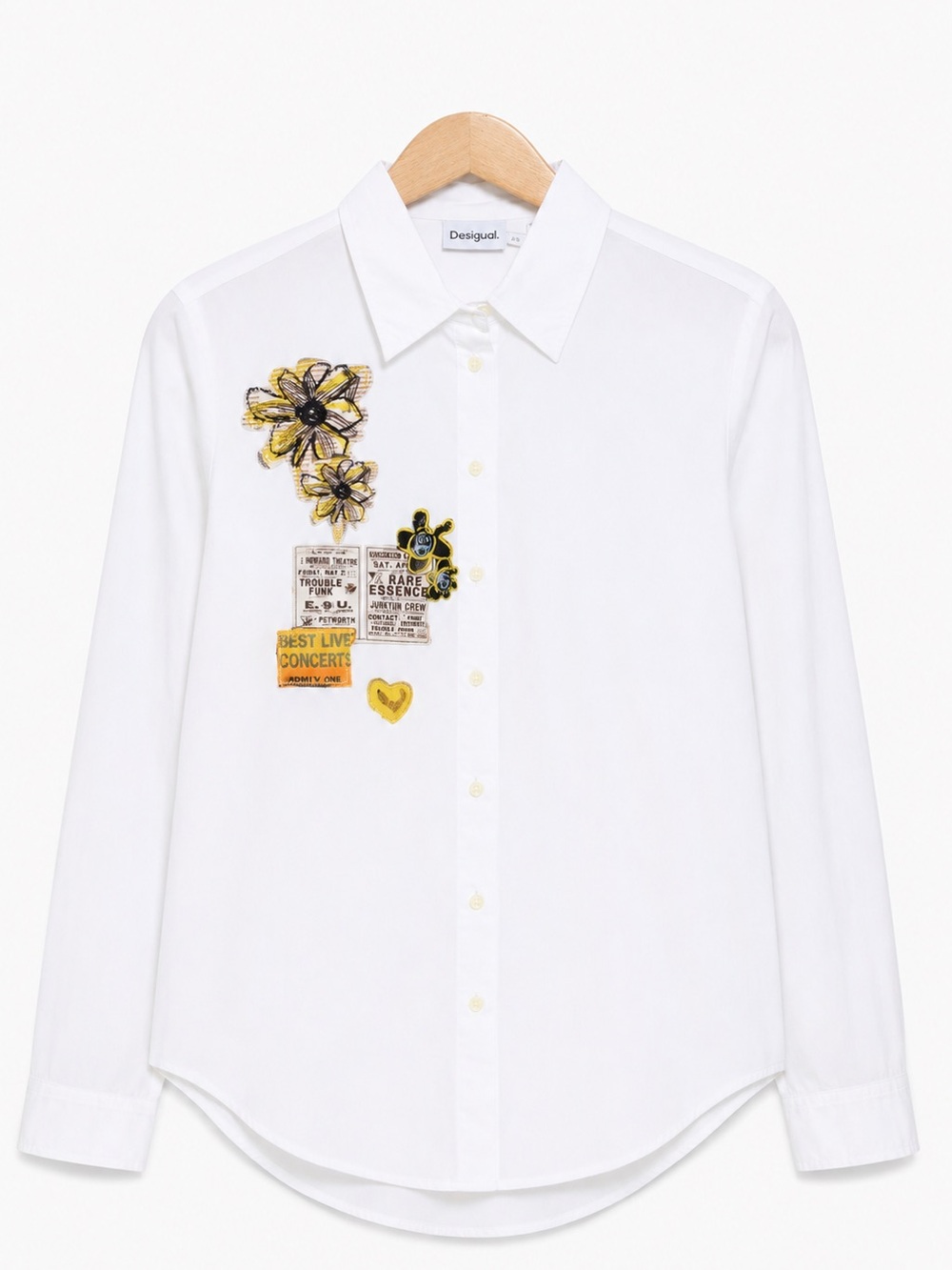 Desigual Women Graphic Button Up White Shirt with Embroidered Patches Size XXL